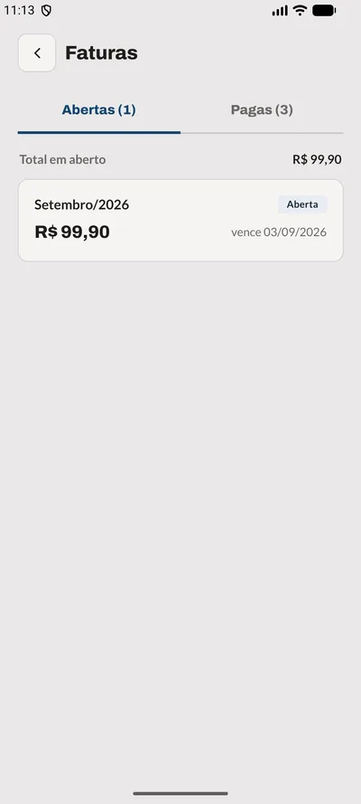 Tela Faturas do app: Abertas e pagas, separadas