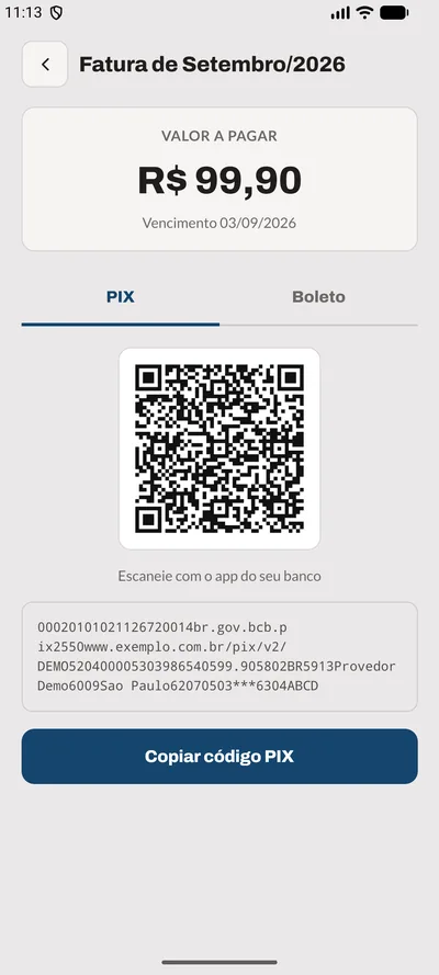 Tela Pix do app: QR e copia-e-cola