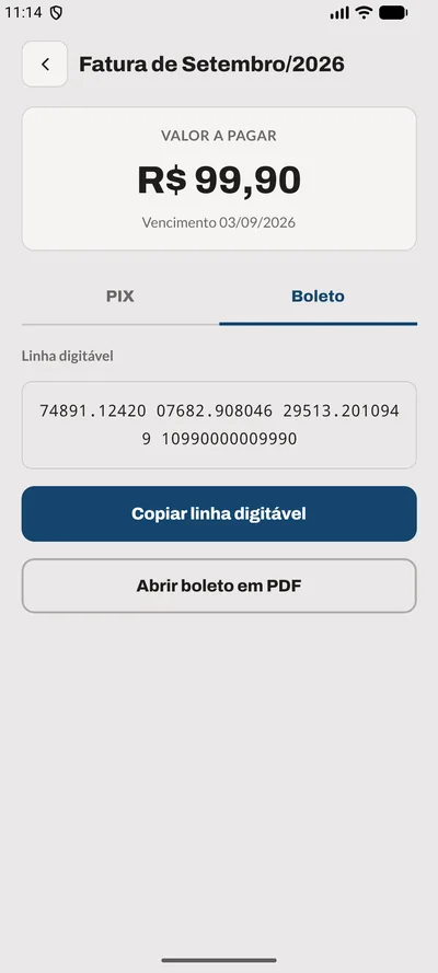Tela Boleto do app: Linha digitável e PDF