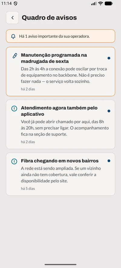 Tela Avisos do app: Quadro de avisos