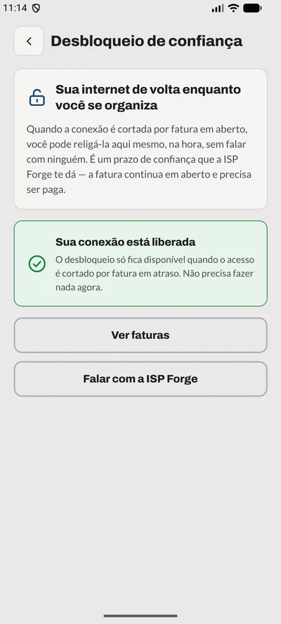 Tela Religação do app: Desbloqueio de confiança