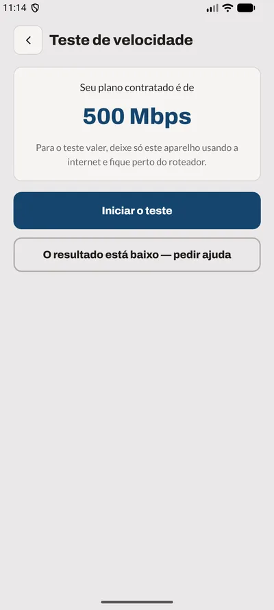 Tela Velocidade do app: Teste de velocidade