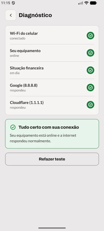 Tela Diagnóstico do app: Diagnóstico da conexão