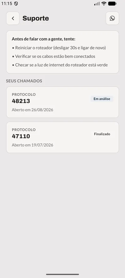 Tela Suporte do app: Chamados com protocolo