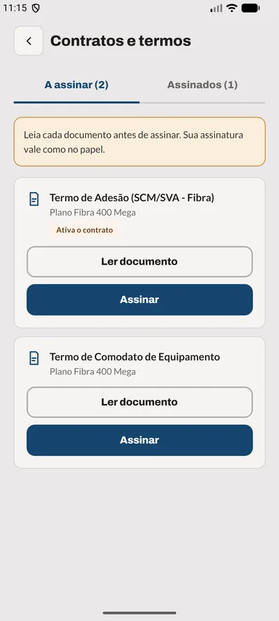 Tela Termos do app: Contratos e termos